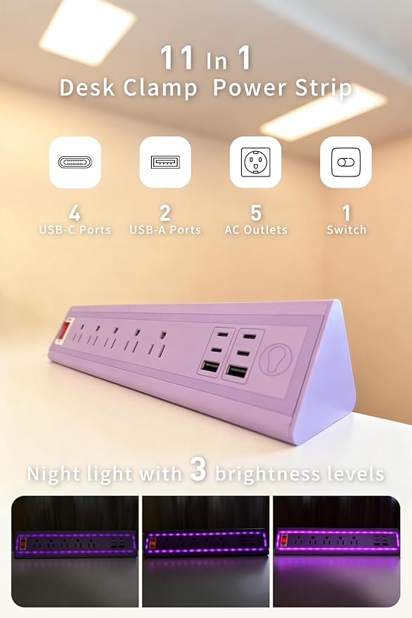 Desk Clamp Power Strip with Nightlight, 40W Fast Charging, 10FT Extension Cord, 4x20W USB-C & 2 USB Ports, 5 AC Outlets, Fits 1.69-Inch Table Edges