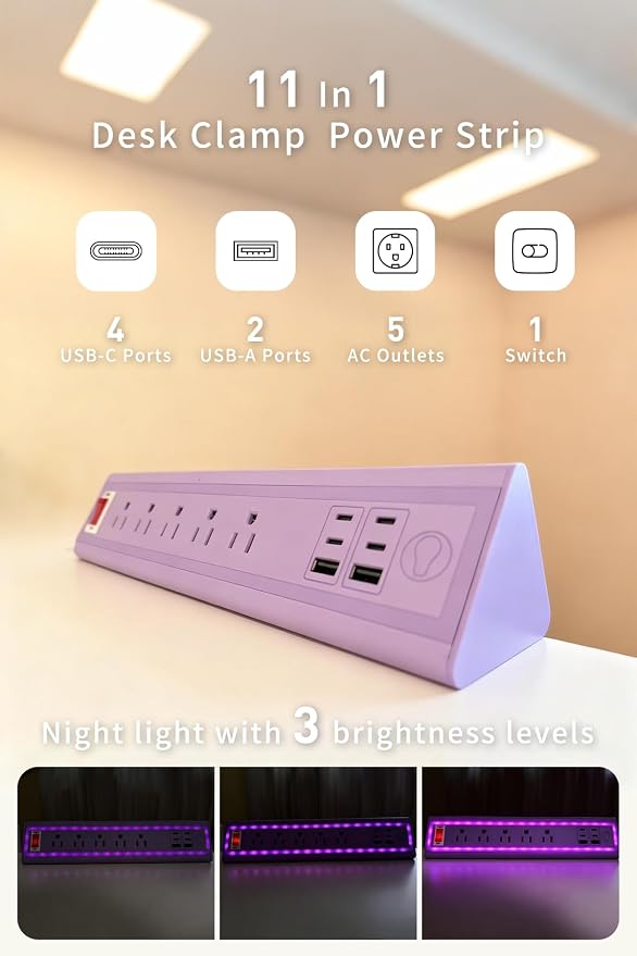 Desk Clamp Power Strip with Nightlight, 40W Fast Charging, 6FT Extension Cord, 4x20W USB-C & 2 USB Ports, 5 AC Outlets, Fits 1.69-Inch Table Edges