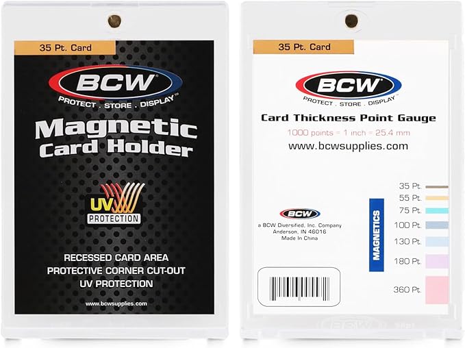 BCW 35 Pt Magnetic Card Holders with UV Protection, 10 Count | Clear two-piece cases use a gold magnet closure, recessed corners, and easy-open tabs for standard 35 pt trading cards.