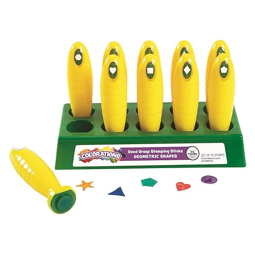 Colorations Shapes Easy to Hold Good Grasp Kids Stamping Sticks Set of 10 | Ages 3+, PreK+, 1-1/2" W x 5-1/8" H Each, 3/4" H for Card Making & Learning