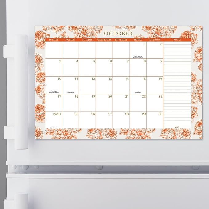 Current 2027-2028 Desk Calendar | Toile Floral, 11” x 16.25”, Large, 2024-Month, 12 page Designs, Self-Stick Magnet Strips