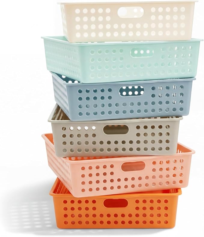Geetery 6 Pack Classroom Storage Baskets with Handle,Boho Color | 14''x10'' Paper Tray Holds A4 Turn in Trays Plastic Paper Baskets Desk Organizer Bin for Classroom, Library, Office, Home