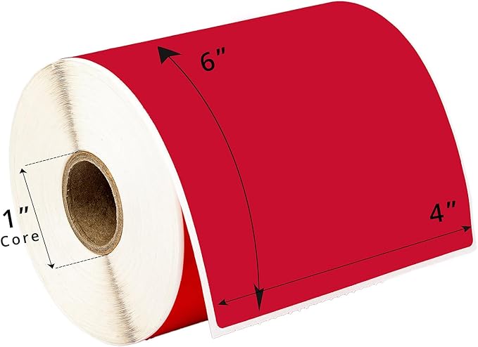 HOUSELABELS 4" x 6" Red Shipping Labels on 1" Core Compatible with Zebra and Rollo Printers, 2 Rolls / 250 Labels per Roll