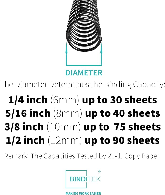 Binditek Plastic Spiral Binding Coils, Multi Size 4:1 Pitch, Black 100 Pack | Multi Size (6mm, 8mm, 10mm, 12mm) (1/4", 5/16", 3/8", 1/2"), 48 Loops, for Letter-Size School and Office Projects
