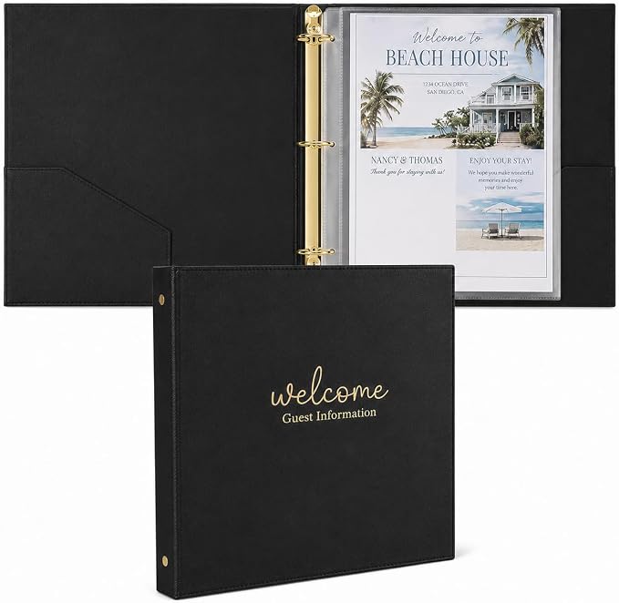 Paper 'n Such Welcome Binder for Short Term Rentals – Black Faux Leather 3 Ring Folder for Airbnb, Vacation Home, House Manual & Guest Information - Letter Size