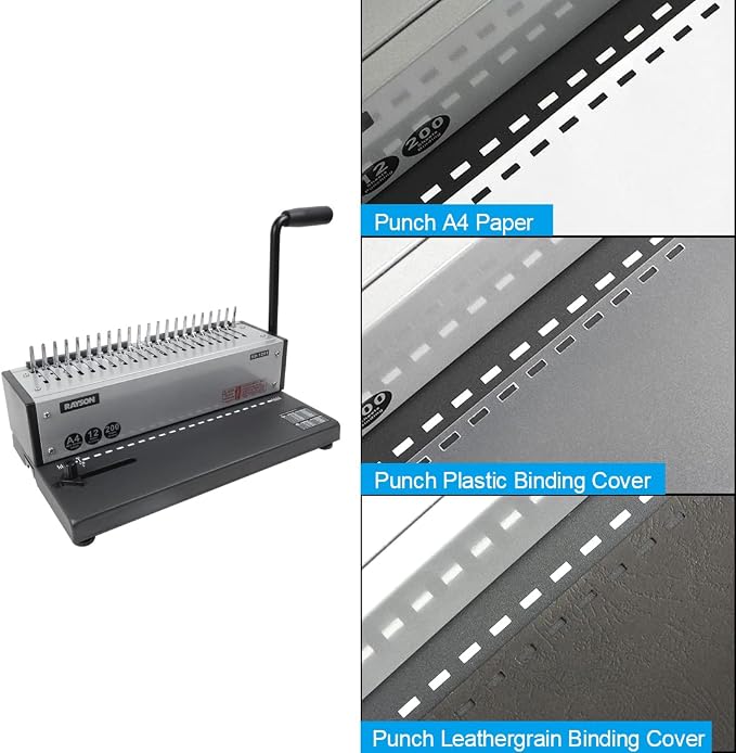 RAYSON SD-1201 21-Hole Comb Binder, 12-Sheet Punch, 200-Sheet Capacity | Manual comb binding machine with a starter comb set, 3-6 mm margin adjustment, and durable metal construction.