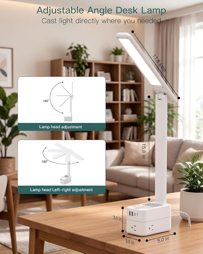 Addtam Desk Lamp with Pen Holder, LED Desk Lamps for Home Office, Power Strip with 3 Outlets 4 USB Charging Ports(2 USBC), 3 Color Modes Touch Lamp, Study Lamps for College Dorm Room Essentials, White