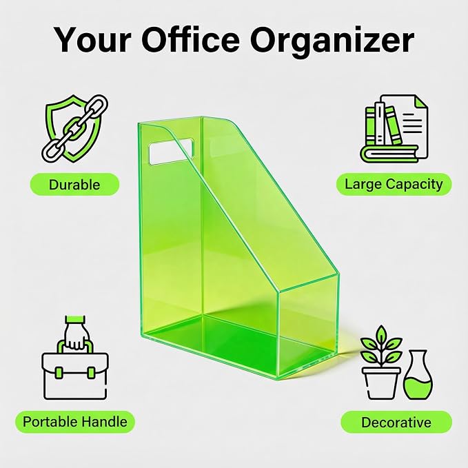 Acrylic Magazine Rack Desk File Holder Organizer for Office Desktop Vertical Magazine Storage Box, 12 x 10 x 5'', Neon Gren