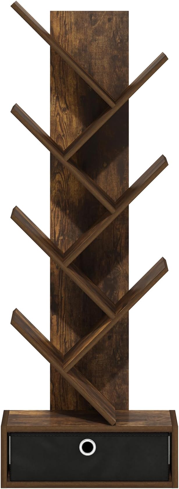 Furinno Tree Book Shelf, 7-Tier Bookshelf, Tree Bookcase with Bin Drawer, 8.4 x 16.9 x 46.2, for Living Room, Bedroom, Home Office, Amber Pine/Black