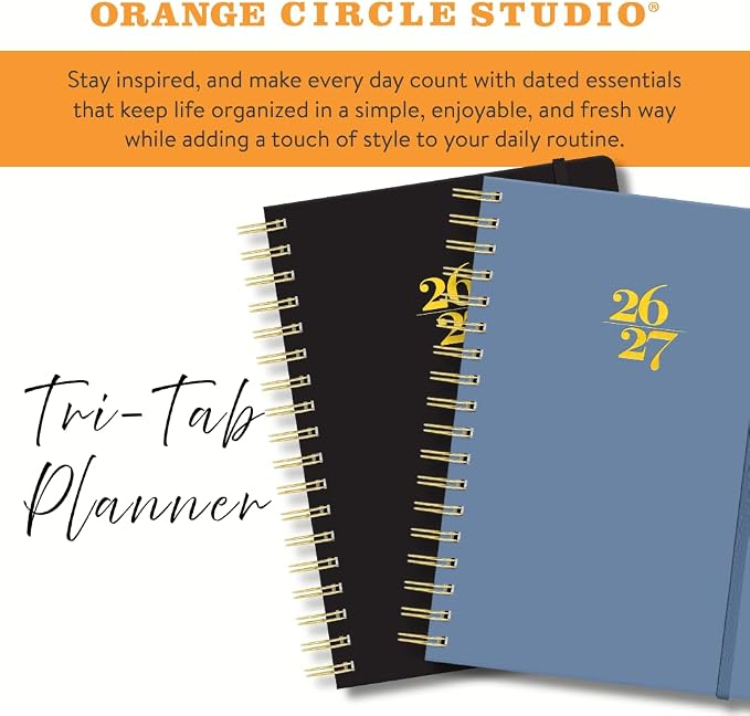 Orange Circle Studio 2027 Planner, Blue Gray Tri-Tab Weekly & Monthly Planner, 9.6" x 7", Spiral Bound Organizer with Note Pages, Pocket Dividers & Elastic Closure Design for Home Office Planning Uses