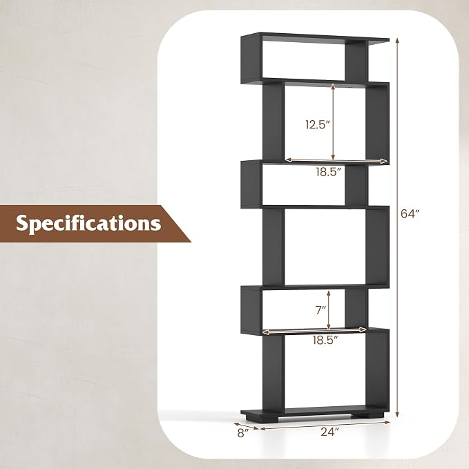 Tangkula 6-Tier S-Shaped Bookshelf, 64" Freestanding Geometric Bookcase, Home Office Wood Storage Shelf with Anti-Toppling Device, Room Divider Display Rack for Study, Living Room (1, Black)