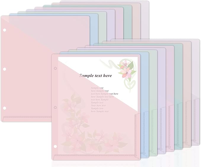 48 Pack Binder Pockets for 3 Ring Clear Pocket Divider Folders for 3 Hole Binders Sleeves Plastic Slash File Jacket for Office School Classroom Business Home Organizer, 9.25" x 11.22" (Pastel)