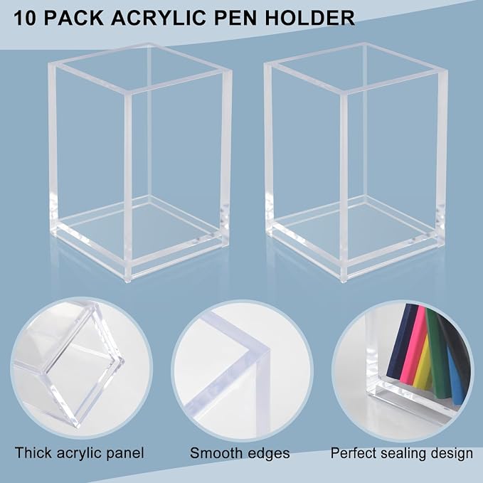 10 Pack Clear Acrylic Pen Holders, Pencil Cup Desk Organizers | Clear Acrylic Cups For Pens, Markers, Makeup Brushes, Stationery And Office School Home Supplies