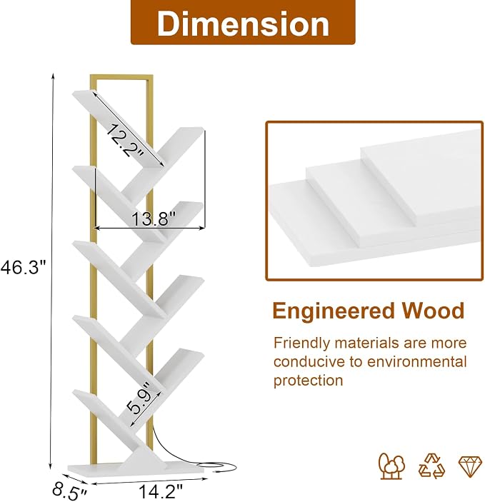 Qupui 9-Tier Tree Bookshelf with LED Lights, Tall Corner Bookcase, White | RGB 22 Modes 6 Brightness. Tree Branch Design. 9 Open Shelves. Engineered Wood With Metal Frame. T-shaped Stability