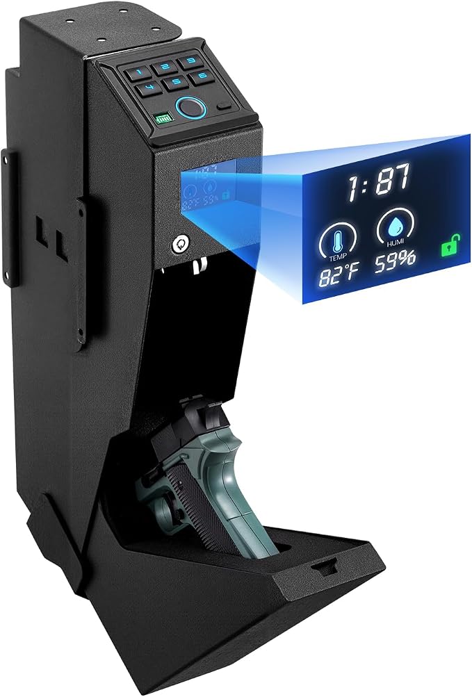 VEVOR Gun Safe, Slider Handgun Gun Safe with Screen, 3-Way Quick Access,Fingerprint/Password/Key, Firearm Case Box with LED for 1 Pistol & Magazine, Mounted Gun Box for Nightstand Bedside Desk Car