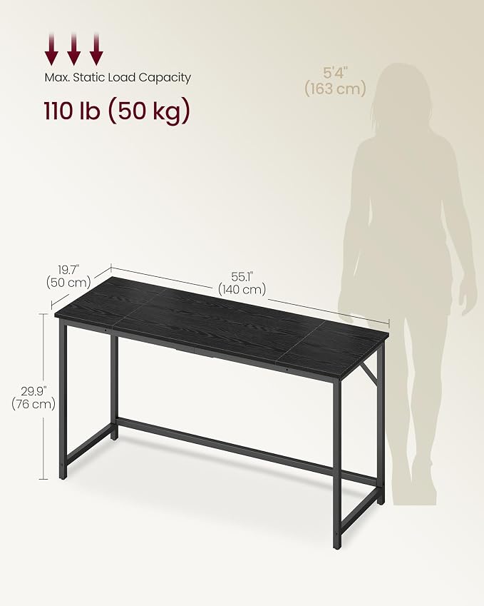 VASAGLE Computer Desk, Office Work Desk, 55.1 x 19.7 x 29.9 Inches | For Study, Bedroom, Home Office, Living Room, Ebony Black and Black ULWD214B101