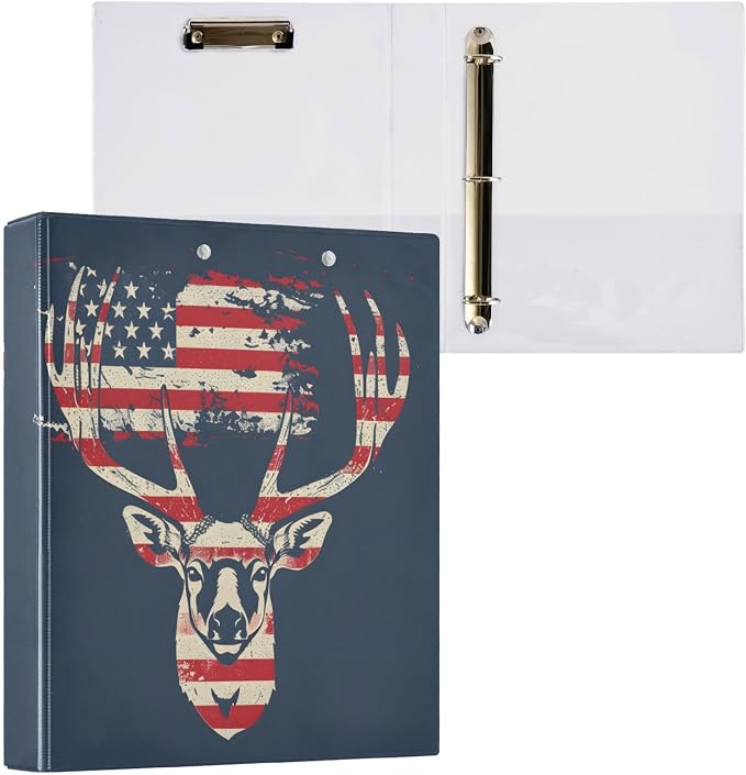 3 Ring Binder, Deer American Flag Print File Folder Holds 200 Sheets File Storage for Women Men School Office Supplie