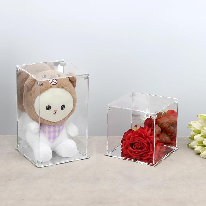 6x6x10Inch Assemble Clear Acrylic Box with Mirror Back and Base | Removable Display Case with Lid for Collectibles, Countertop Decorative Storage Box for Display Action Figures Jewelry