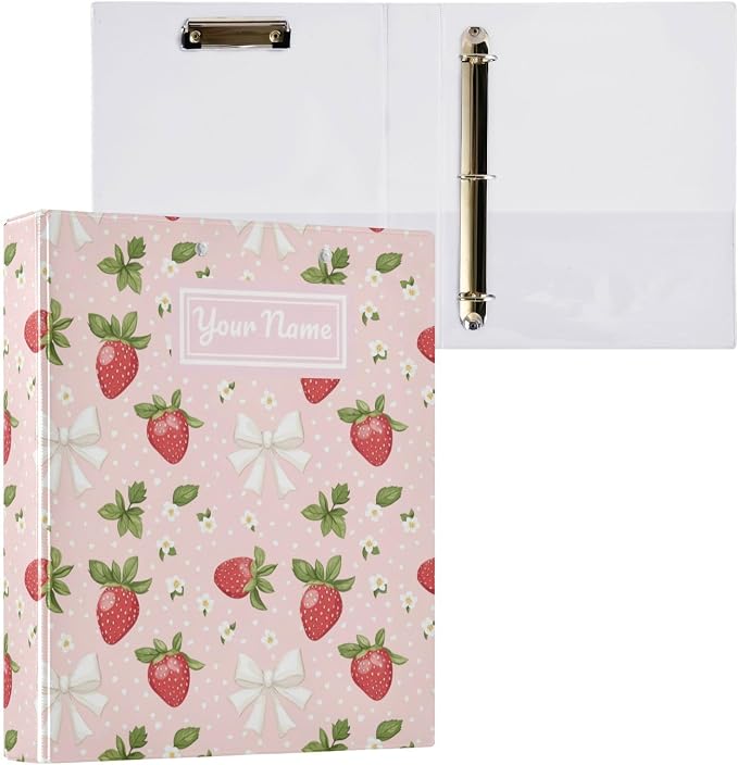 Custom Strawberry 3 Personalized Round Ring Binders Pink | 1.5 Inch Binder with Clipboard, PVC Pockets, Work Organizer, Holds 200 Sheets for School Office 1 Pack