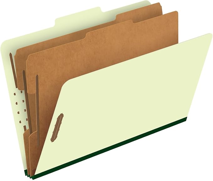 Pendaflex Pressboard Classification File Folders, 2 Dividers, 2" Embedded Fasteners, 2/5 Tab Cut, Legal Size, Light Green, Box of 10 (17176EE)