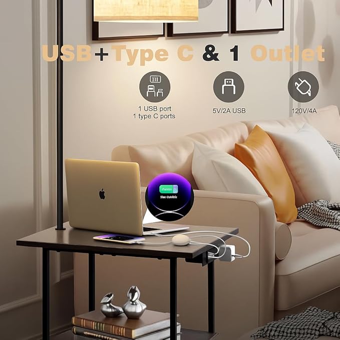 PESRAE Floor Lamp with Remote, Adjustable 3000K-6000K Colors & Brightness Bulb, End Table with Charging Station(USB & Type-C & AC Port), Modern Shelves Side Table for Bedroom, Living Room, Office