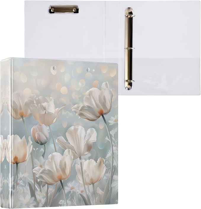 3 Ring Binder White Flowers 1.5 Inch Three Ring Binder | Cute Binder with 3 Storage Pockets for Women School Office Supplies
