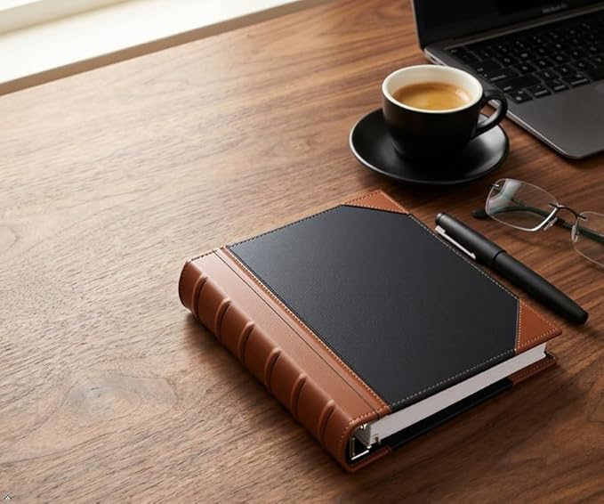 Executive Binder, English Leather 2 Tone with Stitching and Ribbed Spine, Heavy Duty 1.1/2 Inch 3 D-ring with Buster, Holds 350 8.5x 11 Sheets (Black)