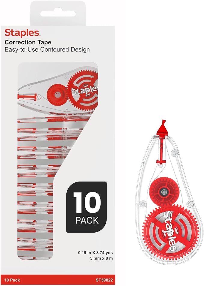 Staples Correction Tape, White, Sidewinder Applicator, 10-Pack