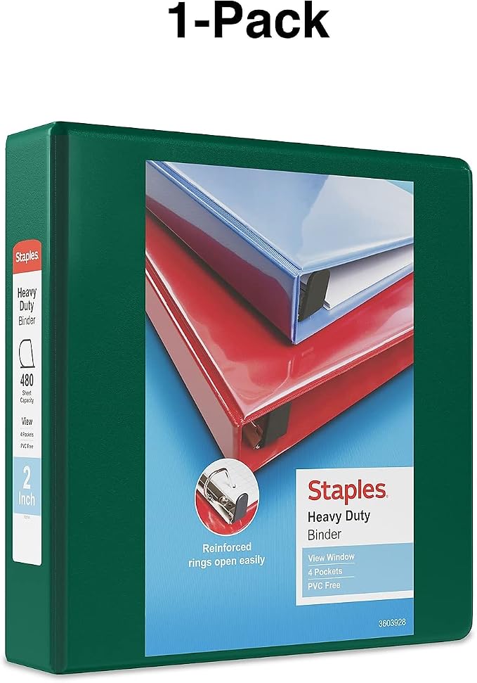 Staples Heavy-Duty 2-Inch D-Ring View Binder, Reinforced Spine, Holds Up to 450 Sheets, Green, for Office & School