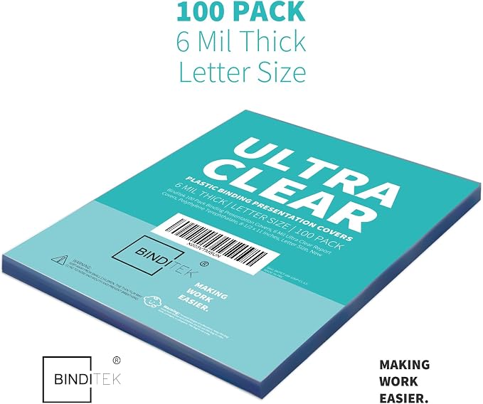 Binditek 6 Mil PET Binding Covers, 8.5 x 11 Inches, Ultra Clear, 100 Pack | Plastic PET Binding Covers, Letter Size, Ultra Clear, Square Corners, Unpunched, Ideal for Business Reports and Proposals