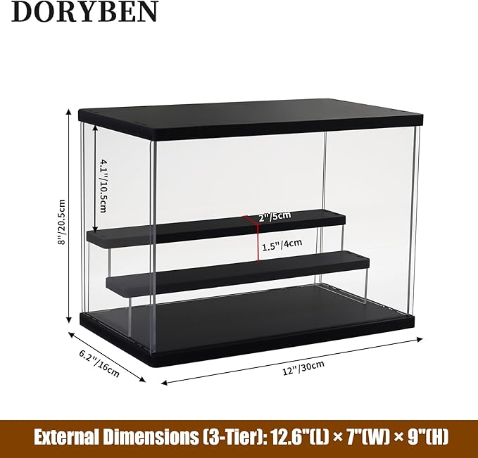 Acrylic Display Case with Adjustable LED Light, 3 Tier Clear Display Box Dustproof Showcase for Action Figures, Collectibles and Mini Toys, Assembly Display Cabinet(Black 12.5×6.7×9in)