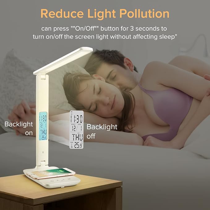 Desk Lamp with Wireless Charger: USB Charging Port, Table Lamp with Clock, Desk Lamps for Home Office College Dorm Room Essentials