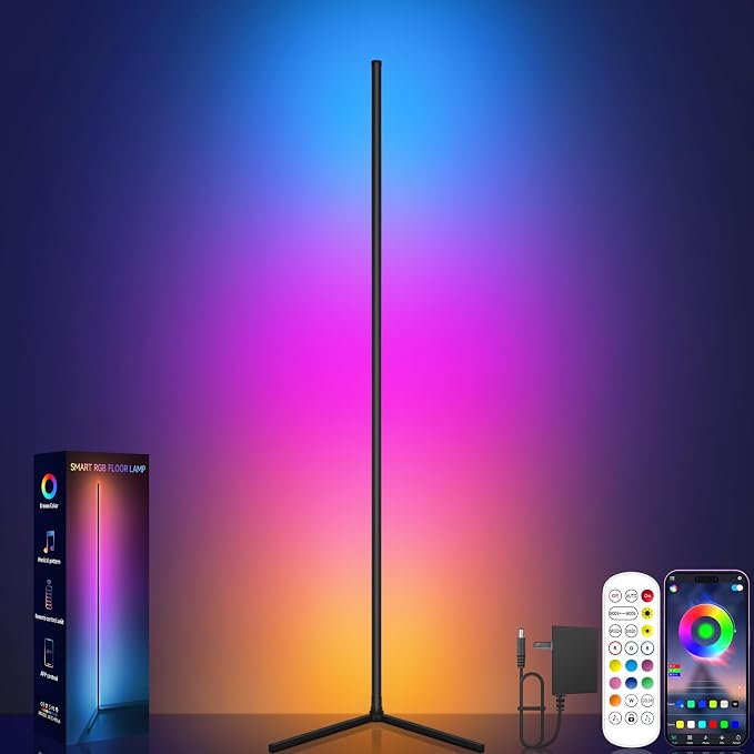 Tyute Corner Floor Lamp, RGB LED Corner Lamp with Music Sync, Smart App and Remote Control Color Changing Ambience Light, LED Lamp with 16 Million Colors for Bedroom, Living Room Gaming Room