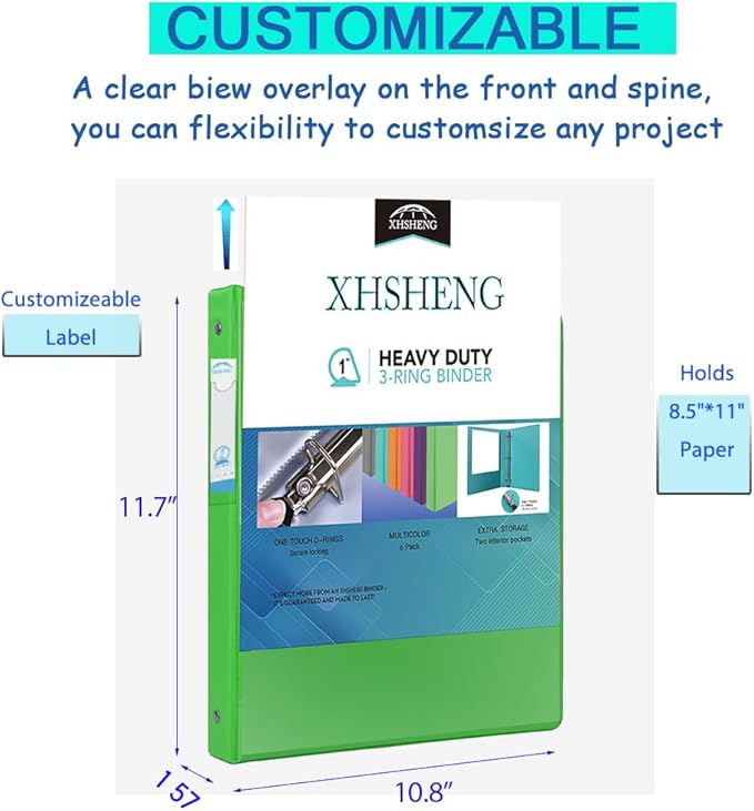 XHSHENG 1 Inch Binders 3 Ring,One Touch Easy Open D-Rings,Letter Size | 1 In Three Ring Binders,with 2 Pockets, Holds 225 Sheets 8.5x11 inch Papers, View Binders for School Supplies