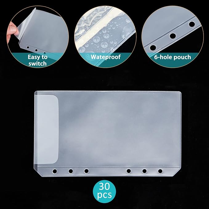 60pcs A6 Binder Pocket no Zipper Clear Budget Planner Inserts Bulk Budget Binder Organizer Cash Envelopes for Budgeting Waterproof PVC Loose Leaf Bags Card Sleeves for 6 Ring Notebook