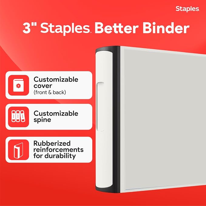 Staples Heavy-Duty 3-Inch D-Ring Binder, White, Holds 600 Sheets | Large-capacity 3-ring binder with pockets for document storage.