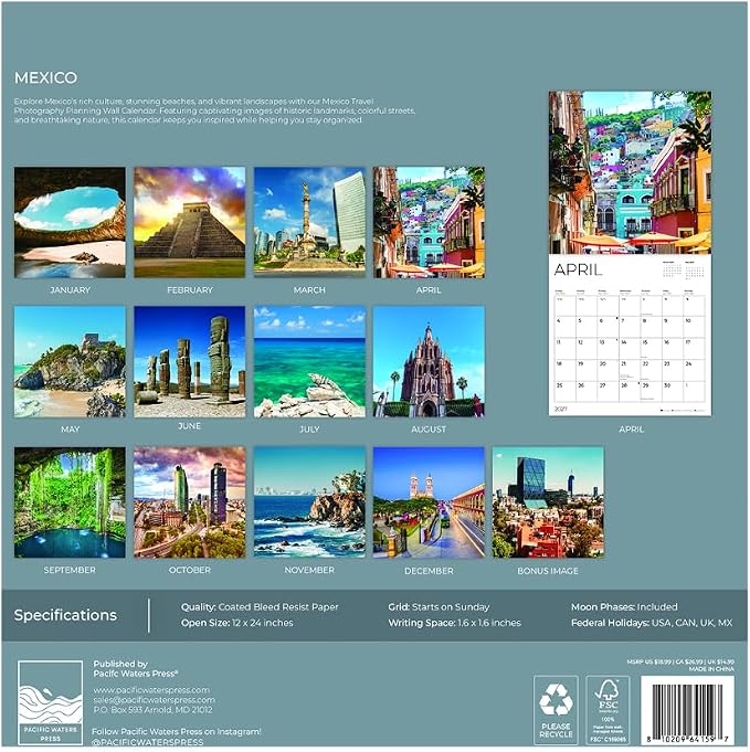 Mexico 2027 Wall Calendar, 12 x 24 Hanging Pacific Waters Press