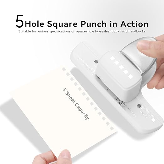 5-Hole Punch Square Paper Punch Manual Book Binding Machine with 20PCS 3:1 Pitch Plastic Spiral Binding Coils for Planners, Notebooks, Journals or Scrapbooks (Silver and White)