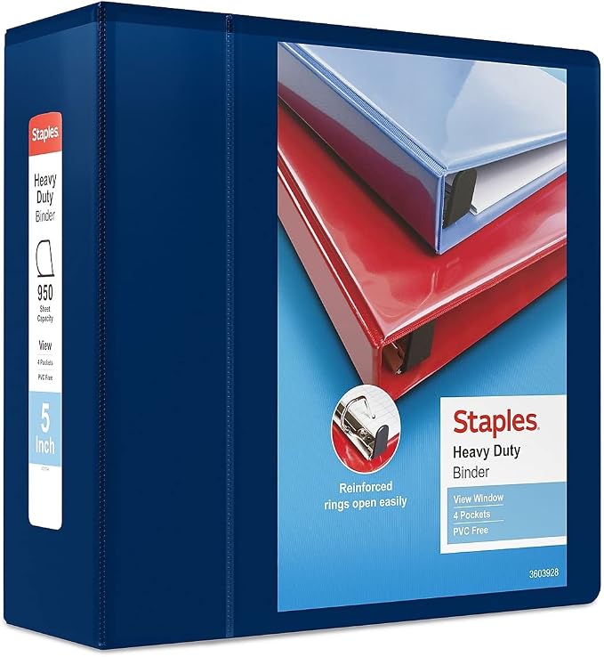 Staples Heavy-Duty 5-Inch D-Ring View Binder, Extra Large Capacity Holds Up to 1,000 Sheets, Navy, for Office & Archiving