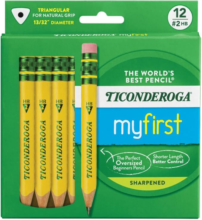 Ticonderoga My First Half-Size Wooden Pencils, 12 Pencils/Pack, 6 Packs | Large Triangle-Barrel Pre-Sharpened #2 (HB) Short 4.5" Yellow Pencils with Erasers, X33012