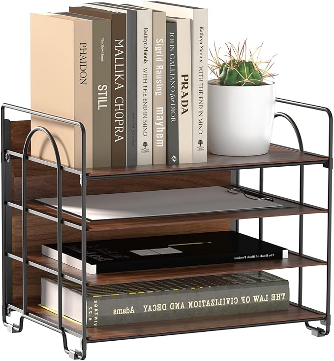 LUCYCAZ 4 Tier Paper Organizer for Desk,Wood Desk Organizer | Metal Paper Tray Organizer, File Organizer for Office Home School, Black