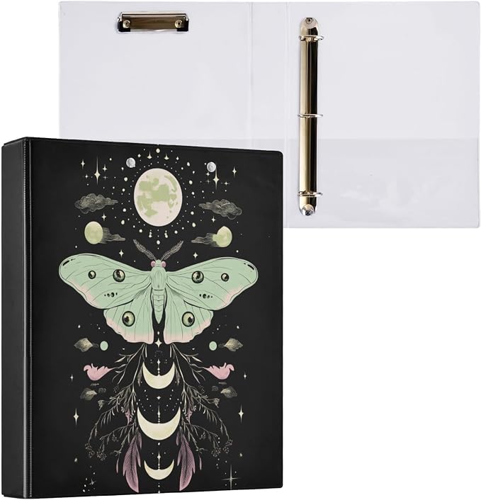 Green Pink Floral Luna Moth Binder 1.5 Inch Binder with Clipboard&Pockets, Gothic Moths Hardcover Binders 3 Ring, Heavy Duty Large File Folder for Office School Supplies-Holds 200 Sheets, 2 PC