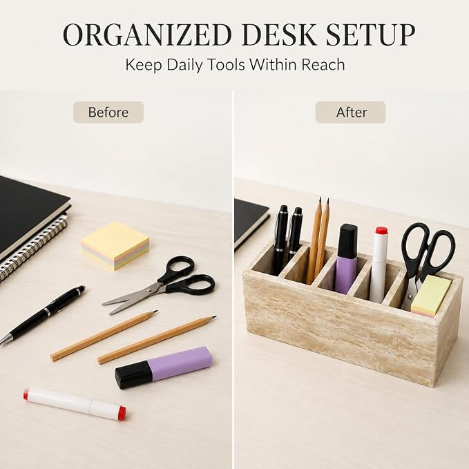 Travertine Desk Organizer, 5-Compartment Pen & Brush Holder | for Pens, Makeup Brushes, and Office Desk Decor, 9.84 x 3.94 x 3.94 in