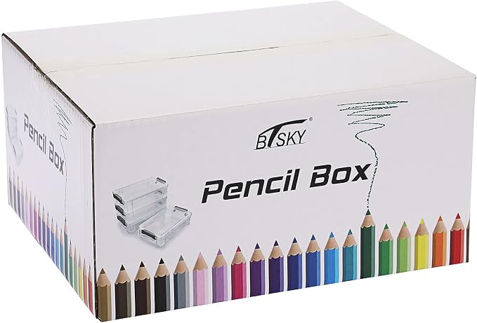 BTSKY 4 Pack Extra Large Plastic Pencil Box Stackable, Translucent, Black | Clear Pencil Caase Crayon Box Set Marker Organizer Art Supply Storage Organizer for Gel Pens Pencils Erasers Tape Markers etc