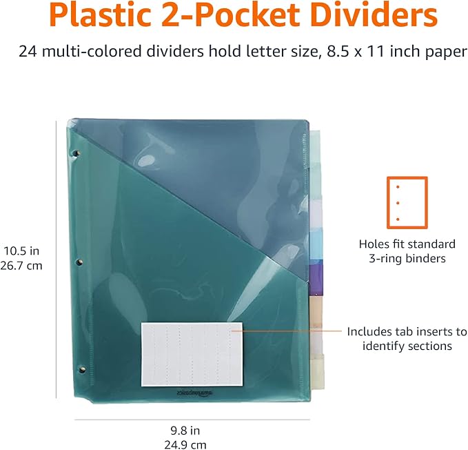 Amazon Basics Tab Dividers for 3 Ring Binder, Two Pocket, Letter Size, 36 Count, Multicolor
