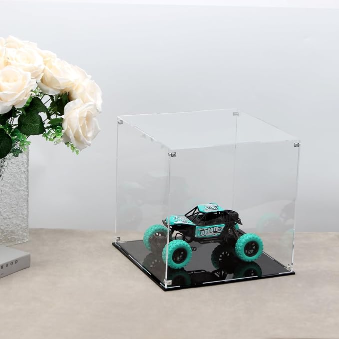 12 Inch Clear Acrylic Case for Display with Black Base | Cube Display Acrylic Box for Collectibles, Alternative Glass Case for Display Figures Home Storage Organizing Arts Showcase