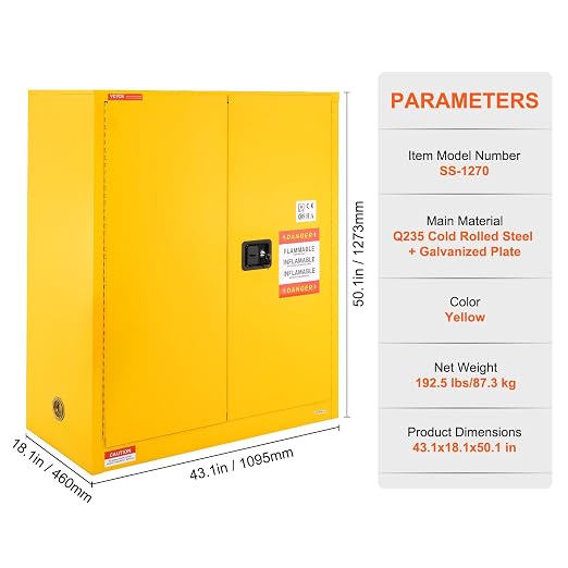 VEVOR Flammable Cabinet 18" x 43" x 50", Cold-Rolled Steel Flammable Liquid Storage Cabinet 34 Gal with 2 Adjustable Shelves/2 Manual Closing Doors for Industrial Use, Yellow | For Industrial Use, Cold-Rolled Steel, 34 Gal, with 2 Adjustable Shelves, 2...