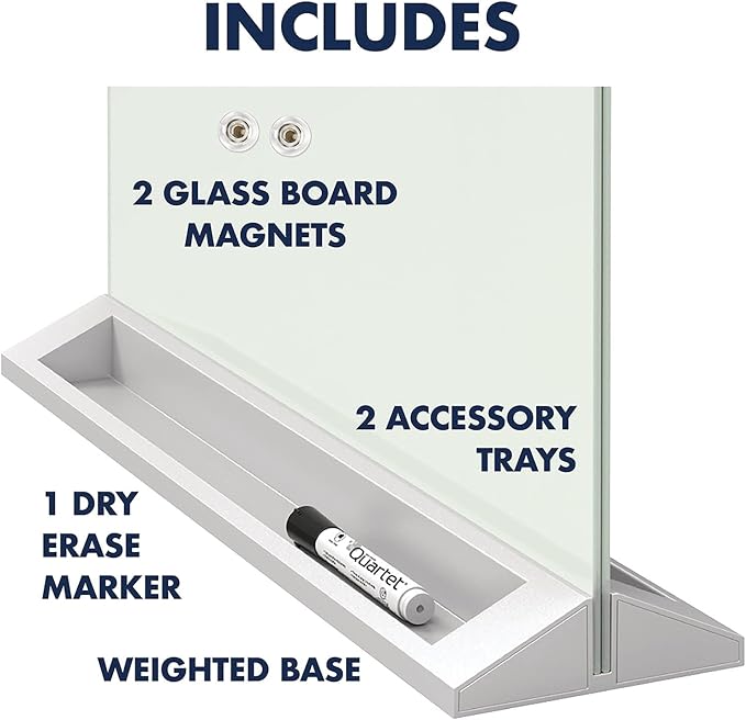 Quartet Glass Whiteboard Desktop Panel, Magnetic, 17" x 23", Dry Erase Surface, Includes Accessory Trays, 1 Marker and 2 High-Power Magnets, White (GDP1723W)
