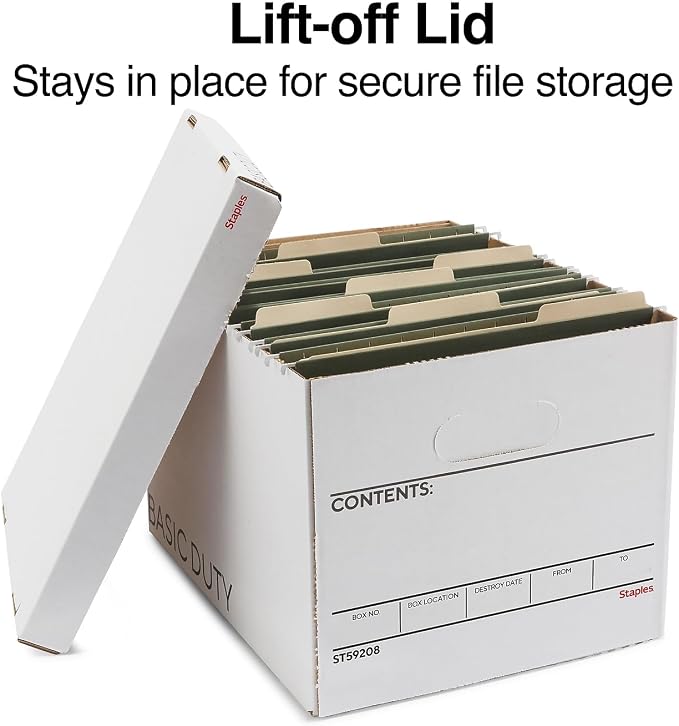STAPLES Corrugated File Box, Lift-Off Lid, Letter/Legal, White/Black, 10/Pk | Stackable storage boxes for document organization in offices, archives, and storage rooms.