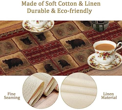 Rustic Bear Table Runner, Retro Vintage Bear Country Cabin Cottage Pine Tree Dinner Table Decoration for Home Kitchen Dining 13"x36"